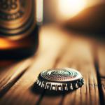 DALL·E 2024-02-24 11.35.25 - A close-up photo of a beer bottle cap, resting on a wooden table. The cap should have a shiny, metallic finish with intricate designs embossed on its .png